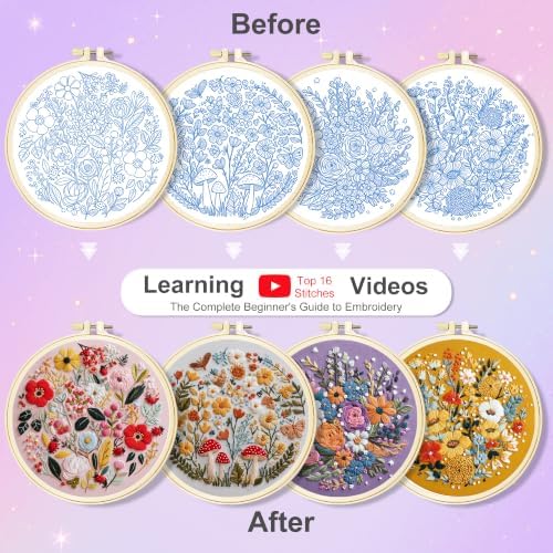 Huacan Embroidery Kit for Adults Beginners with 3 Hoops & Gift Box