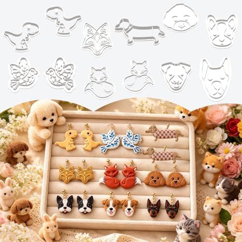 12 Pcs Animal Polymer Clay Cutters Set - Dinosaur, Bird, Fox & Dog Shaped Clay Cutters for Polymer Clay Jewelry Making, Gift for Animal Lovers，Women，Friendship