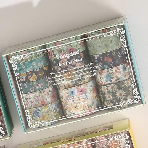 Floral Washi Tape Set - 15 Rolls Flowers Arts Adhesive Tapes Garden Blooms Decorative Masking Tape Sets for Craft, Kids, Scrapbook, DIY, Gift Wrloapping (1-Spring Meadow)