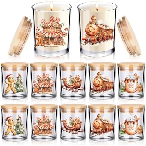 Ziliny 10 Pcs Gingerbread Man Christmas Glass Candle Jars Empty Containers Bulk 7 oz Glass Jars with Cork Lids Tins for Xmas Holiday Candle Making Storing Biscuits Tea Party Favors
