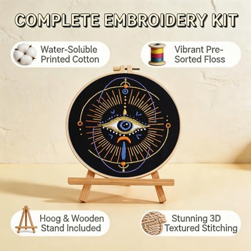 Qupace 3 Pcs Black Evil Eye Embroidery Kits for Beginners Adults,Stamped Cross Stitch Craft Set with 3 Embroidery Hoops & Finished Stands, Mystical Boho Eye Pattern Needlework Kit