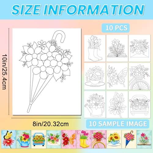 ACRNIGHEET Pre Drawn Canvas to Paint for Adults, 10pcs Flower Theme Pre Printed Canvas 8 X 10 Inch, Painting Kit for Adults Home Decor and Party Game, Ready to Paint for Beginners