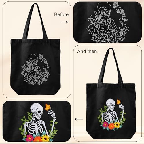 Louise Maelys Halloween Embroidery Kit Canvas Tote Bag, Skull Floral