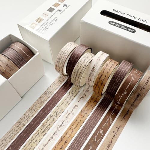 Vintage Washi Tape Set 8 Rolls Thin Retro Decorative Antique Patterns Masking Tapes for Arts, DIY Crafts, Journals, Planners, Scrapbook, Wrapping (Handwritten Text)