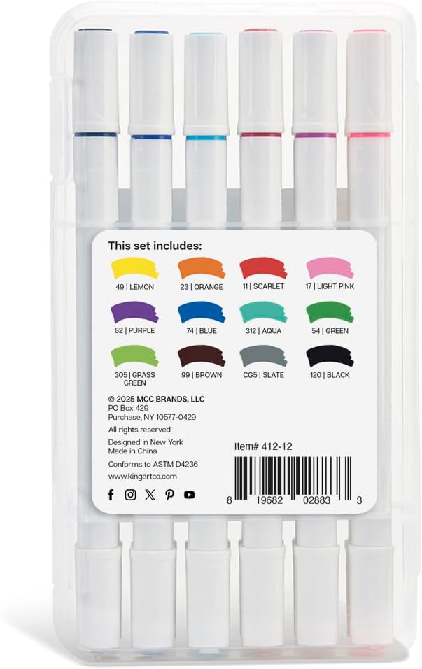 KINGART Studio Twin-Tip™ Permanent Alcohol-Based Sketch Markers, Storage/Travel Case, Set of 12 Unique Colors