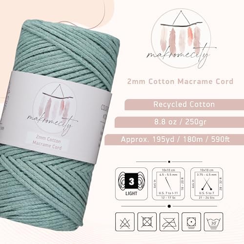 Makromecity, Cotton Macrame Cord 2mm x 195 Yards (590 feet) 2mm Recycled Cotton Crochet Yarn for Macrame Art & Crafts for Wall Hangings, Bags, Underplate, Rug (25 Colors Available) (Crepe Green)