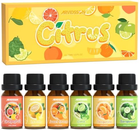 ARVIDSSON Citrus Essential Oils Set, Natural Fruit Essential Oil for Diffuser, Candle Making - Grapefruit, Bergamot, Sweet Orange, Lemon, Lime, Tangerine, Citrusy Scented Oils for Home