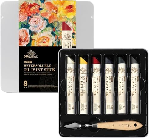 PHOENIX Professional Oil Paint Stick - Set of 6 Basic Colors 37ml Large Soft Water Soluable Pastels with Knife, Gift for Oil Painter