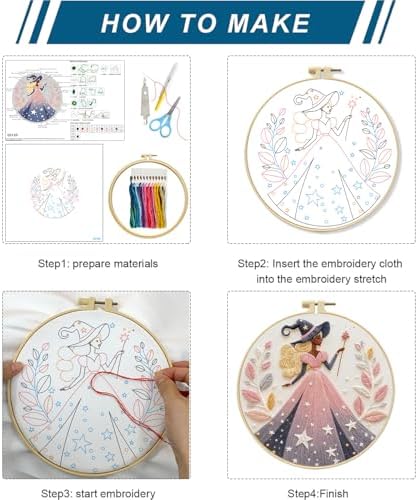 Zhenqing 3-Pack Witch Embroidery Kit for Beginners, Fantasy Magical Needlework Set with Pre-Printed Fabric, Hoop, Threads & Tools, Halloween Decor (C0181)