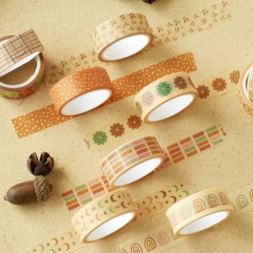 Boho Washi Tape Set 10 Rolls Cute Masking Graphic Floral Pattern Decorative Tapes for Arts, DIY Crafts, Journals, Planners, Scrapbook, Wrapping (Colors)