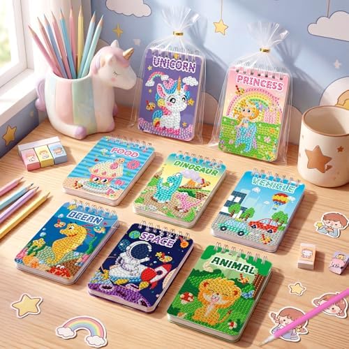 Maitys 8 Set Diamond Art Notebook with Gift Bags Cute Cartoon Notepad DIY Diamond Painting Notebook Set 5d Journal Art Crafts Accessories with Tool for Adults Beginner Birthday Gifts