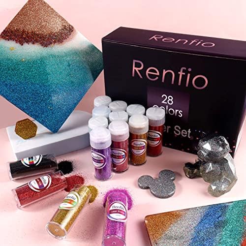 Renfio 28 Colors Holographic Glitter Set,14.81oz Ultra Fine Glitter Powder | 420g PET 1/128" 0.008" 0.2mm Resin Suppies Assorted Craft Glitter for Fake Nails, Resin Art, Tumblers, Slime, Hair, Bomb