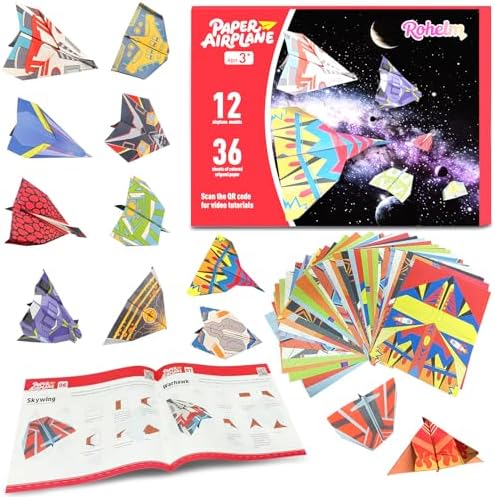 Paper Airplane Kits, Origami Kit for Kids 5-8 8-12, 12 Classic Origami Designs, 36 Sheets of Colorful Origami Paper, Crafts for Kids Activities, Airplane Gifts for Kids Ages 5-12 Boys and Girls