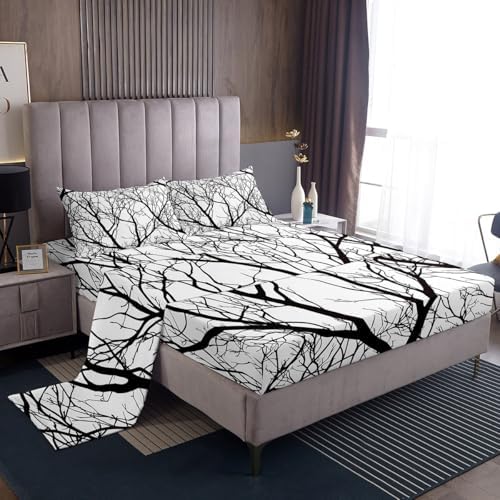 Manfei Tree Branch Sheet Set Rustic Style Plant Bedding Set Trees Abstract Bed Sheets Teens Room Decor Gray White Black (Twin Flat & Fitted Sheet with 1 Pillow Case)