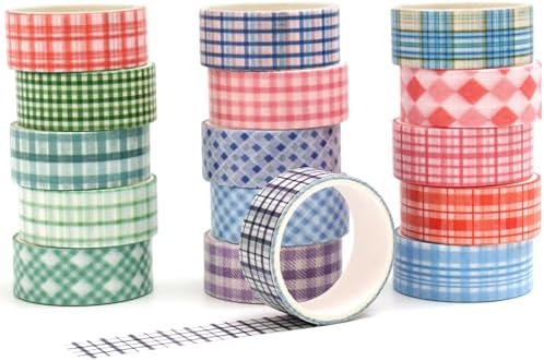 Colorful Plaid Washi Tape Set 16 Rolls Basic Grid Decorative Masking Tapes for Arts, DIY Crafts, Journals, Planners, Scrapbook, Wrapping (Classic Check)