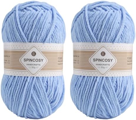 Skinny Chenille Yarn, 2 Pack of 50g/120 Yards Fluffy Soft Polyester Crochet Yarn Sutible for Colorful DIY Crafts Blankets Plush Dolls (Blue)