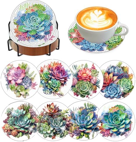 8 Pcs Green Plants Diamond Art Coasters Kit for Adults with Holder 4x4in