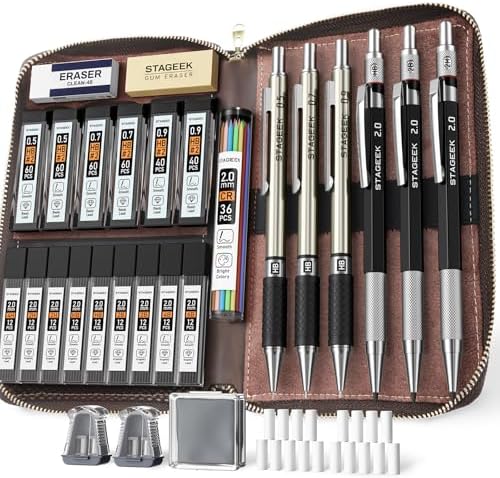 STAGEEK Mechanical Pencil Set with Leather Bag 30 Count, Drawing Pencils 0.5, 0.7, 0.9MM & 3PCS 2MM Sketching Pencils with 464PCS Lead Refills (6B 4B 2B HB 2H 4H Color) for Artist Drafting Drawing