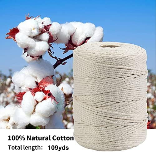 Natural Macrame Cord 4mm x 109yards Colored Macrame Cord 2mm/3mm/4mm/5mm/6mm Macrame Cotton Cord, Twisted Macrame Yarn, Soft Craft Cord Macrame Rope Macrame Supplies (Natural Color, 4mm*109Yards)