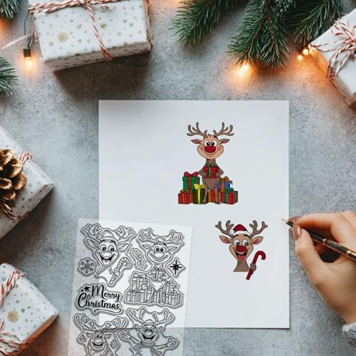 GLOBLELAND Christmas Cartoon Reindeer Clear Stamps for Card Making Funny Reindeer Silicone Clear Stamps Merry Christmas Transparent Stamp Seal for DIY Scrapbooking