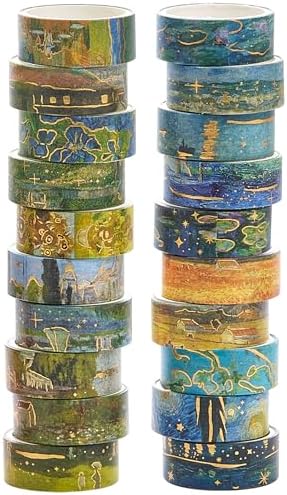 Landscape Washi Tape Set in Oil Painting Style 20 Rolls Scenery Drawing Masking Gold Foil Graphic Decorative Tapes for Arts, DIY Crafts, Journals, Planners, Scrapbook, Wrapping (Classic)