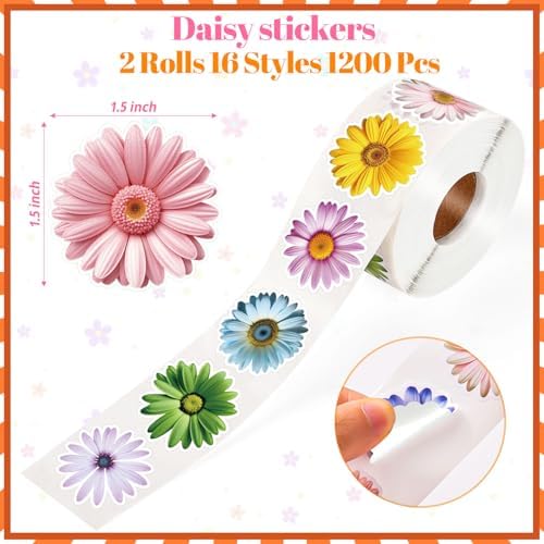 1200 PCS Daisy Stickers, 16 Styles Flower Stickers Roll