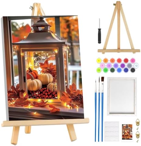 MOGTAA Halloween Paint by Numbers Kit for Adults Beginners with Frame, Fall Pumpkin Adult Paint by Number Kits on Canvas with Easel, Easy DIY Landscape Oil Painting Kits for Home Decor, 8x12in