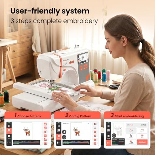 PooLin EOC03(2in1) Sewing and Embroidery Machine 4"x4" & 4"x9.25" Embroidery Size, 130 Built-in Designs 207 Sewing Stitches, 4.3" Touch Screen with WiFi Transfer, Includes Full Kits 1-on-1 Training