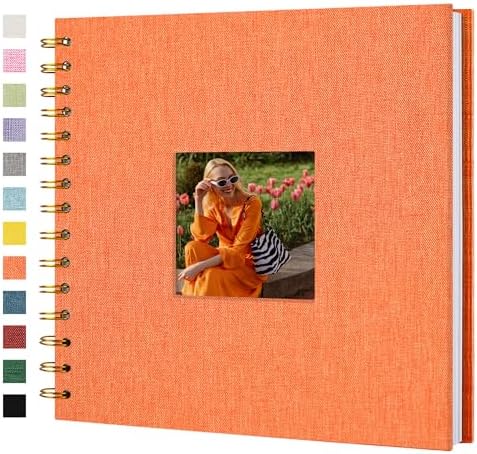 8"x8" Scrapbook Photo Album Linen Cover 20 Sheets 40 Pages White Paper | Orange Hardcover Kraft White Pages Memory Book, for Travel Wedding Guest Book Christmas Baby Fits 4x6 & Instant Photos