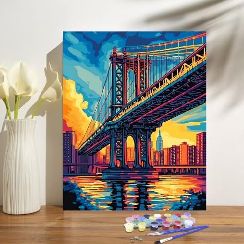 Manhattan Bridge Paint by Numbers Kit for Adults Beginner Sunset Oil Painting Kit Adult Paint by Number Kits on Canvas DIY Painting for Beginners Art by Numbers for Gifts Home Wall Decor 16x20 Inch﻿