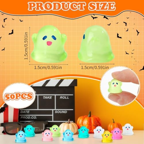 JUNEBRUSHS 50 Pcs Halloween Mini Ghost, Luminous Ghost Figurines Miniature Ornaments Glow in The Dark for DIY Crafts Party Gifts Landscape Decorations