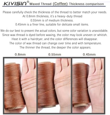 Bonded 0.8mm Round Waxed Polyester Cord, 3-ply Wax Coated Thread, 197 Yards Stiff String for Heavy Duty Fabric, Leather Sewing, Book Binding, Upholstery Repair, and Macrame Jewelry - Brown