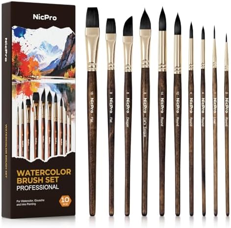 Nicpro Professional Watercolor Brushes Set Synthetic Squirrel Hair, 10 PCS
