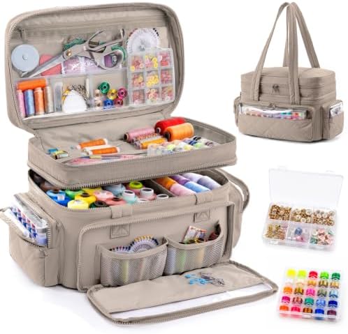 AMOIGEE Puffy Double-Layer Sewing Storage Bag with 2 Clear Organizer Boxes