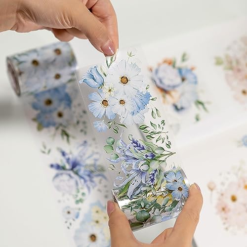 WT Serene Wide PET Tape, Single Roll, Original Designs, Watercolor Blue Flower Decorative Tape, Transparent Clear Adhesive Tape, Journal Scrapbook Bujo Planner DIY Craft Supplies