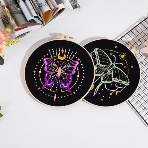 Louise Maelys 3 Sets Tarot Embroidery Kits for Beginners,Cross Stitch Kit for Adults,Crewel Starters Needlepoint with Moon, Butterfly, Bee and Moth Pattern and Tool