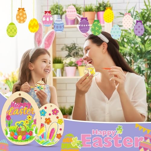 Philorn 40PCS Easter Wooden Crafts Wood Ornaments Kits | Easter Wooden Egg Crafts DIY Eggs Hanging Set for Kids Easter Party Supplies Kids Painting Arts Crafts Spring Home