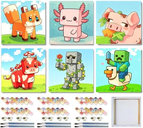 CraftyTime 6 Pack Paint by Numbers Kit for Adults/Kids, Easy Framed Adults Paint by Numbers Kits for Ages 6-12, DIY Simple GameThemed Acrylic Oil Painting Number Kits for Home Wall Decor 8 x 8 Inch
