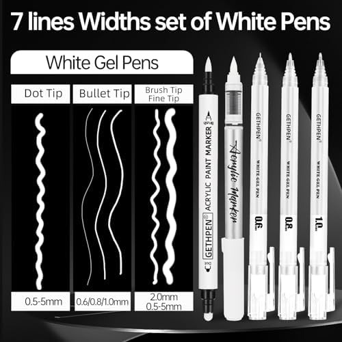 GETHPEN White Pens Set, White Gel Pens, Dual-Tip Acrylic Paint Pen, 7 Pack