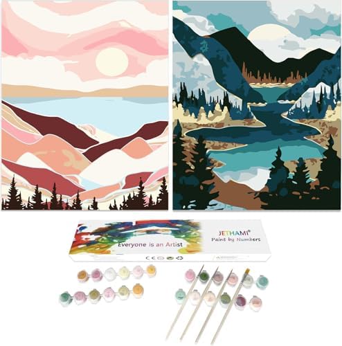 Jethami 2 Pack Paint by Numbers Kit for Adults Beginner, Mountains Lake Sunset Landscape DIY Canvas Art Kit for Home Decor 16x20 in