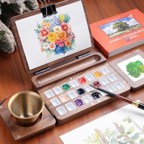 Fuumuui Travel Watercolor Palette 24 Grids Foldable with 2pcs Sable Travel Watercolor Brushes, Portable Walnut Wood Palette Box for Plein Air Painting