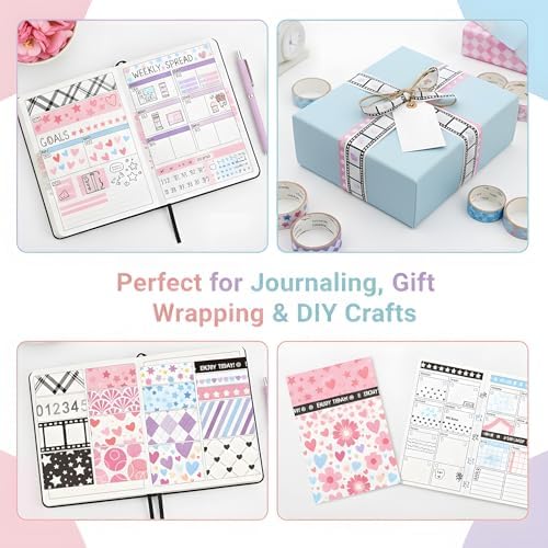 Washi Tape Set, 18 Rolls Washi Stickers, Assorted Sizes, for Junk Journal Scrapbook Tape, Bullet Journaling Scrapbooking Supplies, Planner Sticker DIY Craft DéCor (Pattern)