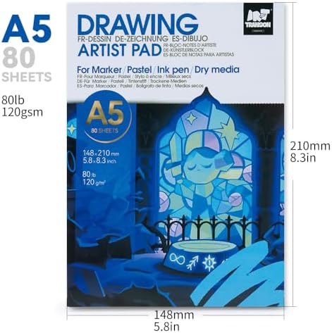 TRANSON A5 Small Sketchbook Marker Pad, 80lb/120gsm Heavyweight Art Paper, No Bleed Through, 80 Sheets/160 Pages 5.8"x8.3" for Drawing & Sketching