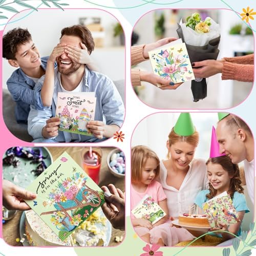 Saillong 12 Pack Spring Diamond Painting Greeting Card Kits Easter Diamond Art Cards with Envelopes Gnome Tulips Flowers 5d Rhinestones Painting Kits for Adults DIY Crafts Family Friend Spring Gifts