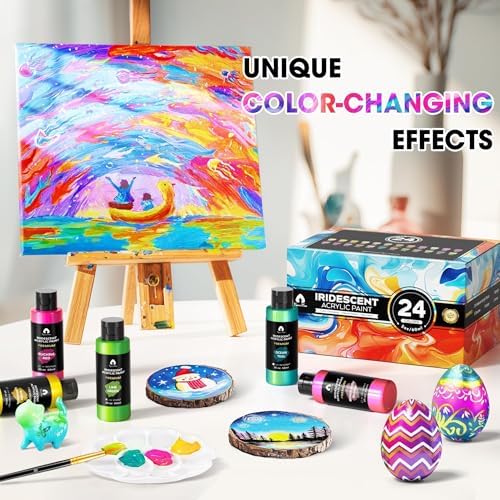 40 Pcs Iridescent Acrylic Paint Set, 24 Colors with 12 Brushes (2oz/60ml)