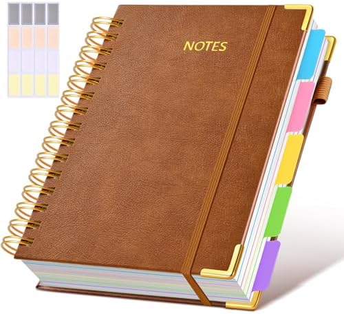 Hardcover Spiral Notebook journal with Removable Dividers Tabs, 300 Pages Leather 5 Subject Notebook College Ruled,A5 Notebooks for Work School Note taking,Lined Journal for Women,A5 Light Brown