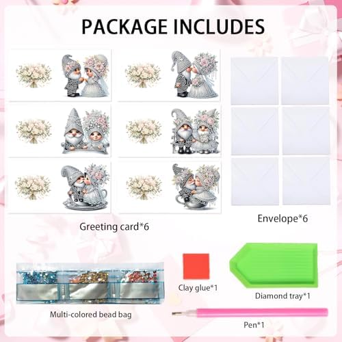 AiYuanzsh Set of 6 Gnome Diamond Painting Greeting Cards – 5D DIY Craft Kits for Handmade Bride and Groom Cards, Perfect for Wedding Gifts and Anniversaries