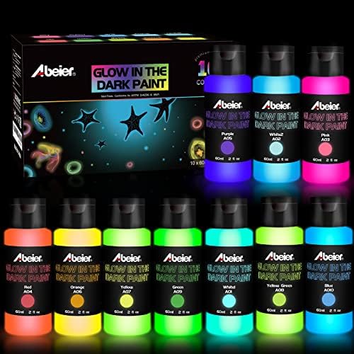 ABEIER Glow in the Dark Acrylic Paint Set, 10 x 2 oz, Blacklight