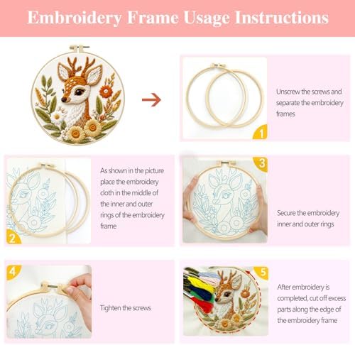 Zhenqing Deer Embroidery Kit for Beginners, Cute Fawn Needlework Craft with Pre-Printed Cotton Fabric, Hoop, Threads & Tools, Woodland Animal Decor, 29x29cm (C0057)
