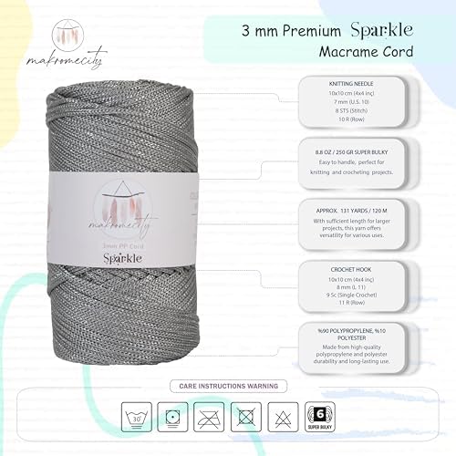 Makromecity Sparkle Polypropylene Macrame Cord 3mm x 131 Yards (394 feet) Premium Polyester Macrame Cord for Macrame Art & Crafts for Wall Hangings, Bags, Underplate, Rug